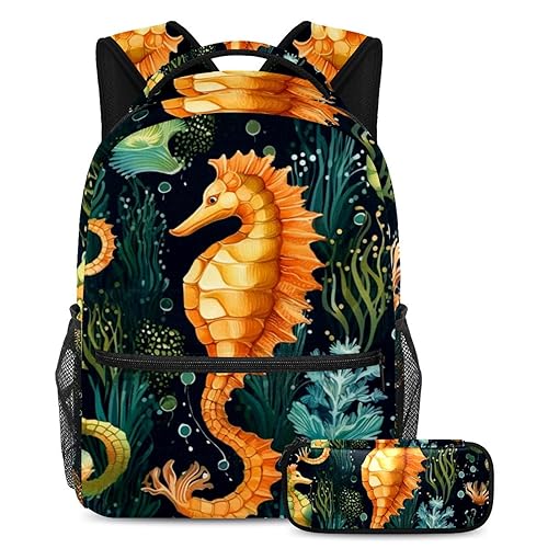 Sac à dos hippocampe fille garçon avec trousse scolaire multicolore pour voyage et collège