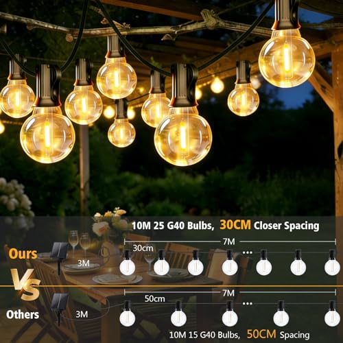 LED Lichterkette Aussen Solar, 10M Lichterketten 25 +2 G40 Glühbirnen Garten Beleuchtung mit Fernbedienung Timer Auto Ein/Aus Wasserdicht Lichterketten für Terrasse Hochzeit Balkon