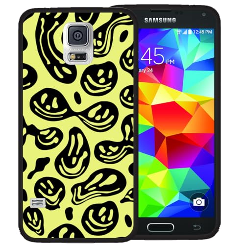zaztify Case for Samsung Galaxy S5/S5 Neo, Yellow Black Funny Trippy Dripping Smile Melted Hippie Smiling Skull Ghost Face Pattern Shockproof Anti-Slip Thin Slim Soft Cute Cover Shell