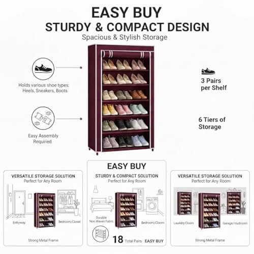Image of EASY BUY Maroon Shoe Rack with Cover, Plastic Rack 6 Shelves with Zip Door Cover & Side Pocket | Dustproof Multiuse Storage Organizer for Footwear, Clothes, Toy, Shoe Rack Plastic, Slipper Stand