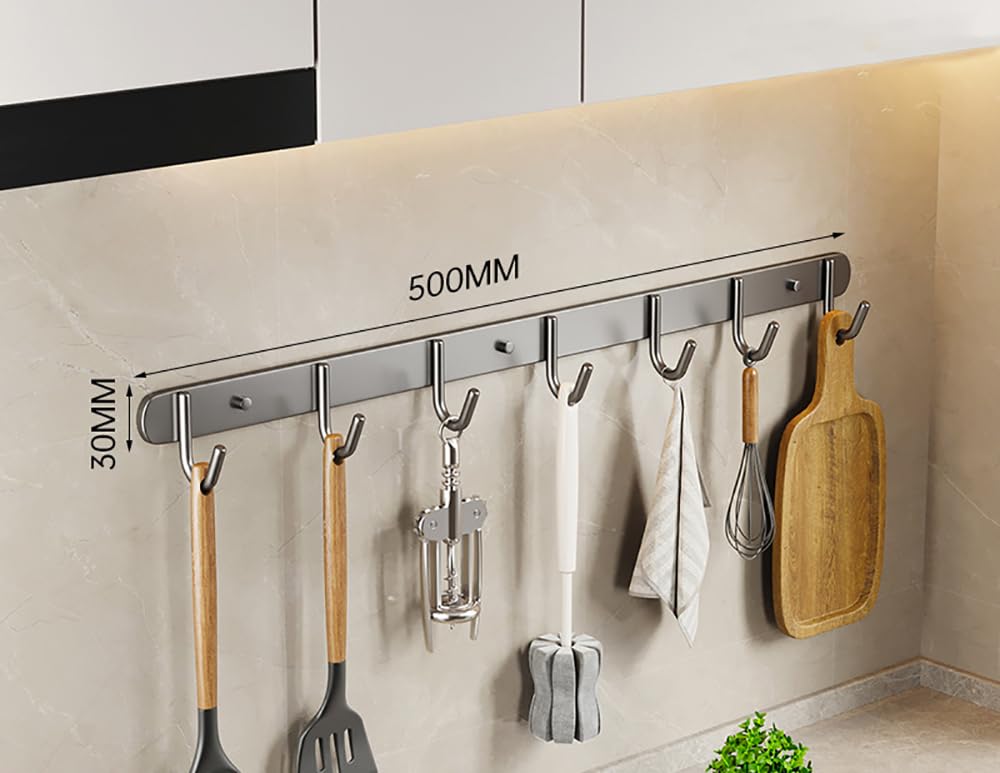 Paquete de 2 ganchos de cocina autoadhesivos de acero inoxidable, barra moderna para colgar utensilios de cocina, sin taladro, ganchos ajustables, elegante diseño gris mate