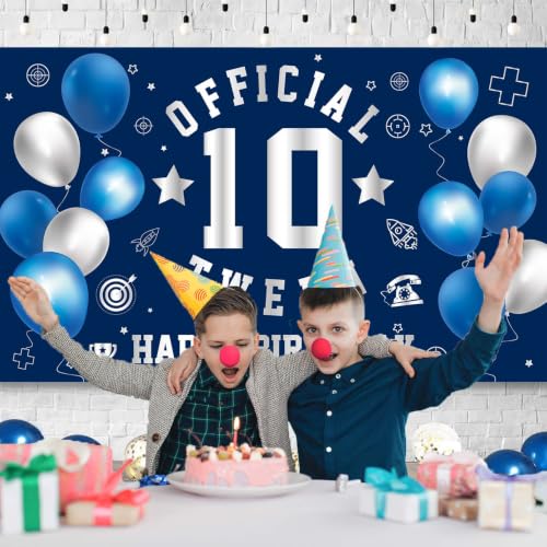 Image of Happy 10th Birthday Banner Backdrop 10th Birthday Decorations for Boys | Large Official Tween 10 Year Old Backdrop HBD Party Decorations Supplies, Navy Blue Silver
