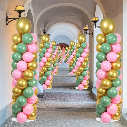 Image of 2 Sets Pink Green Gold Balloon Column Stand Kit with 100 Balloons Adjustable Balloon Tower Stand with Bases for Floor Column Kit for Wedding Anniversary Graduation Birthday Appreciation Party Decor