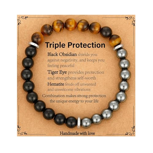 Bracelet & Gifts for Women, Triple Protection Black Obsidian Hematite Tiger Eye Beaded Natural Stone Bracelet, Healing Jewelry for Birthday Christmas - 1 Piece