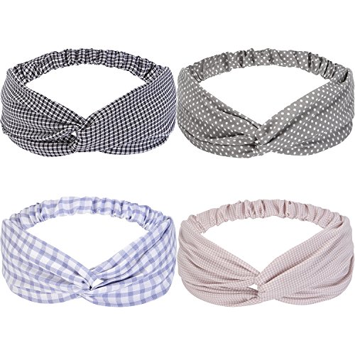 JIPIE 4-Pack of Assorted Elastic Twist Bowknot Headbands Fashion Dot and Plaid Chiffon Fabric Head Wrap Criss Cross Bandeau Hair Ribbon for Women and Girls