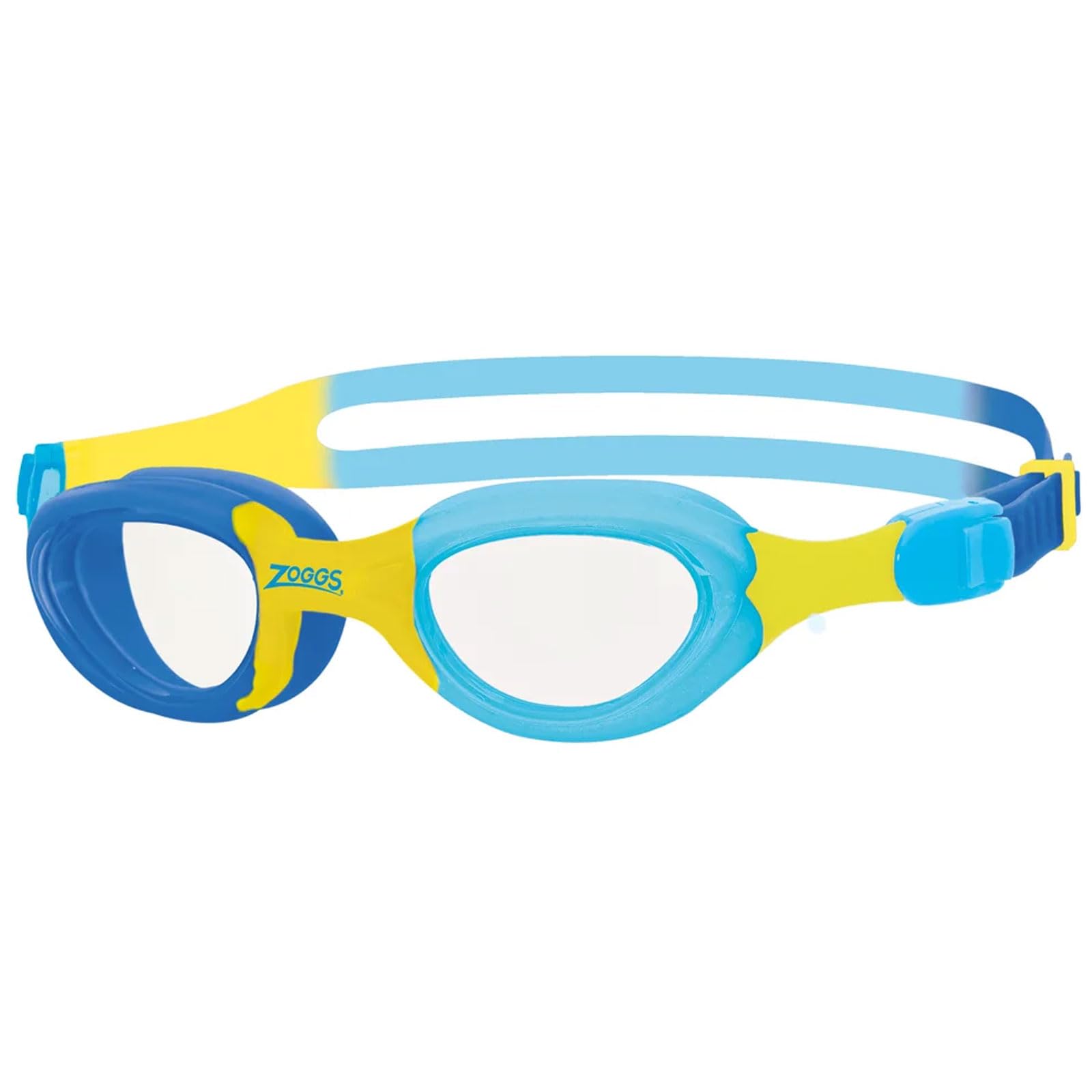 Zoggs Kids' Little Super Seal Swim Goggles | UV Protection & Anti-Fog Lenses | Soft Silicone Gasket & Quick-Adjust Strap, Blue/Yellow - Clear Lens