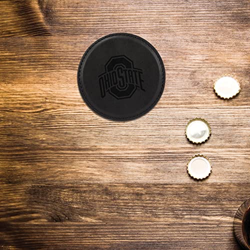 Ohio State Buckeyes Ncaa Big 10 Set Of 4 Laser-Engraved Vegan Leather Beverage Coasters With Storage Pouch - Ideal Birthday For Die Hard Football Fan - Home, Man Cave, Office, Dorm- Black #TOP2