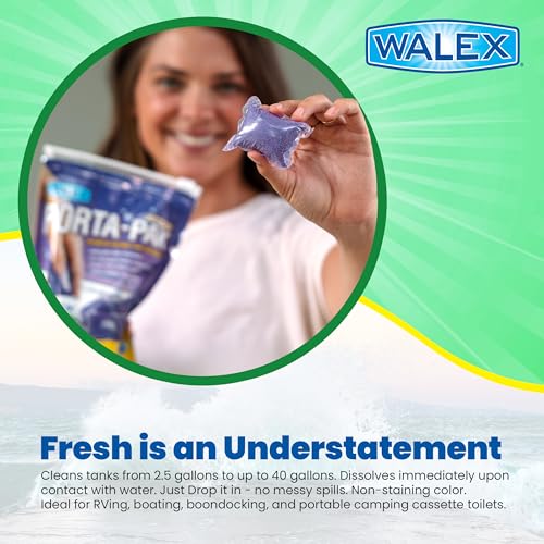 Image of Walex Porta-Pak Black Holding Tank Deodorizer & Portion Control System Drop-Ins - Rapid Breakdown of Waste & Paper,Odor Prevention,Cleans Tank-& Sensors - Lavender Breeze,10 Count (Pack of 12)