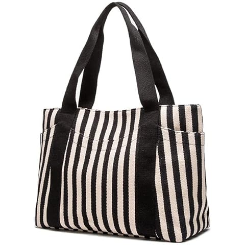 Striped Tote Handbag Classic Black White Print Street Daily Shoulder Bag with 7 Pockets Gifts for Ladies Cover