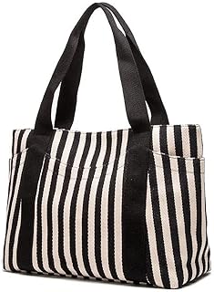 YHSHYZH Medium Tote Handbag Black & White Striped Daily Satchel Shoulder Purses with Multi-Pockets Canvas Vaction Work Tote with Zipper Spring Summer Beach Bag Gifts for Womens (M Black+White)