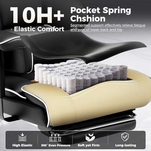 COMHOMA Big and Tall Office Chair 400lbs High Back Gaming Chair with Ergonomic Lumbar Support & Pocket Spring Cushion for Lower Back Pain Relief, Leather Executive Chair with Foot Rest, White/Black