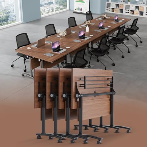 Conference Room Table, Folding Conference Tables with Wheels, Modern Office Meeting Room Table with Strong Metal Frame, Large Business Seminar Furniture for Boardroom, School (4, Walnut 3, 55.1in)