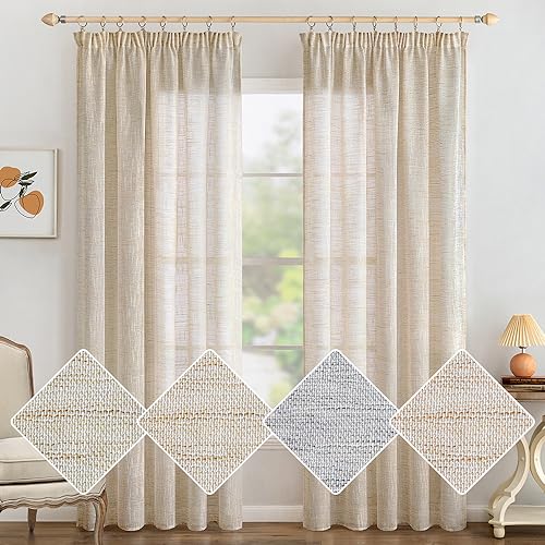 MIULEE Rideau Voilage Lin Salon Naturel Voile Rideaux en Lin Chambre Moderne Transparent Translucide Intérieurs Galon 140x225 cm Lot de 2 Naturel