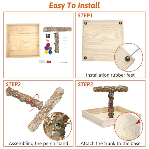 Image of BNOSDM Portable Bird Perch Stand with Potty Tray, Natural Wood Tabletop Training Gym Parrot Playground Toy for Budgies, Cockatiels, Lovebirds,Conures