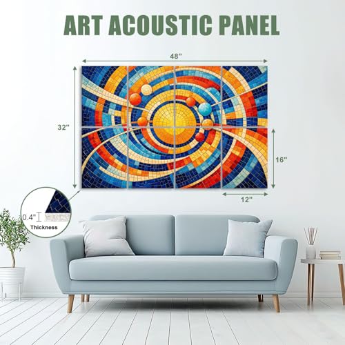 8 Pack Paneles Acústicos Decorativos Abstractos en Mosaico Circular Geométrico en Azul, Naranja y Amarillo, Paneles Autoadhesivos Absorbentes de Sonido para Estudios de Grabación y Oficina 48"x32" miniatura 2