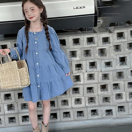 Girls Thin Long Sleeve Denim Dress Square Collar Loose Casual Flowy Swing Jean Dress with Button for Kids 20243