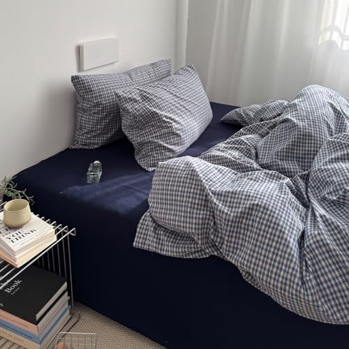 Image of VM VOUGEMARKET Blue Plaid Gingham Duvet Cover King 3 Pieces Checkered Grid Duvet Cover 100% Washed Cotton Boys Men Comforter Cover with Zipper Closure 2 Pillowcases Luxury Soft Breathable Bedding Set
