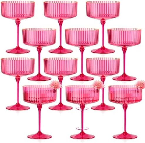 12 PCS Ribbed Coupe Glasses Hot Pink Plastic Champagne Coupe Cup ...