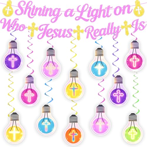 VBS 2026 Decorations Banner Set NO-DIY Glitter Shining a Light on Who Jesus Really Is Banner and Colorful Cross Light Bulb Hanging Swirls Religious Party Decor for VBS Church Classroom Supplies