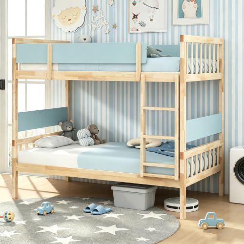 GIANTEX Wood Bunk Bed Twin Over Twin, Solid Wood Bunk Bed Frame with Ladder & Safety Guardrails, Space-Saving Convertible Bunk Beds for Kids Teens Juniors, Can Be Divided Into Two Twin Beds, Natural