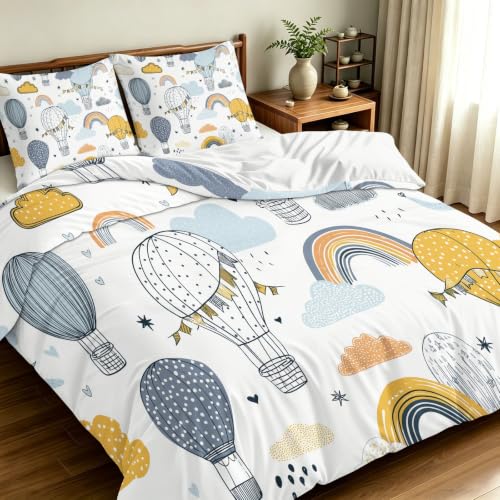 Ensemble de linge de lit en microfibre blanche motif nuages et montgolfière 200x200 cm - 3