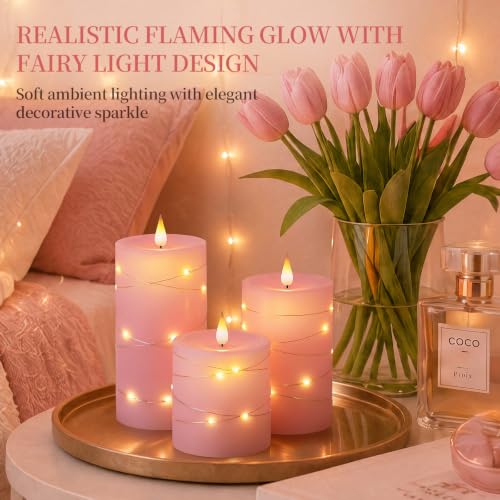 Image of Homemory Pink Flameless Candles with String Lights, Set of 3 Battery Operated LED Pillar Candles with 3D Flickering Wicks, 11-Key Remote Control and Timer for Wedding, Valentine's Day and Home Decor