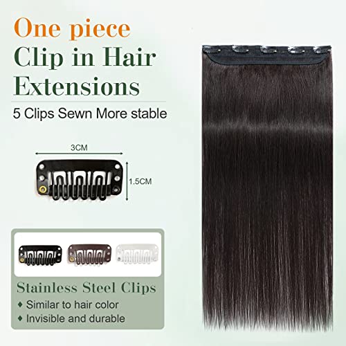 Image of Benehair One Piece Clip in Human Hair Extensions - Natural Black, 16inch 3 /4 Full Head Remy Hair, Long Straight, Soft, 5 Clips