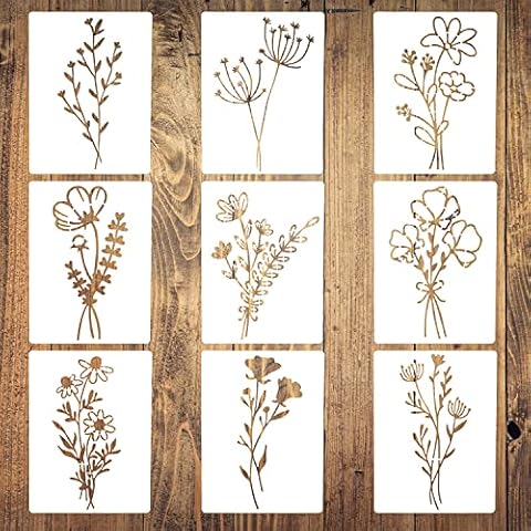 Stencils for Painting on Wood, 9Pcs Flower Stencils for Painting, Reusable Stencils for Painting, Wildflowers Stencil, Drawing Stencil for Painting on Wood, Wall, Furniture Cover