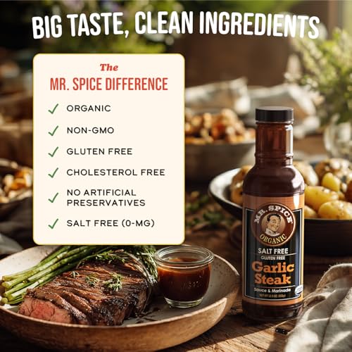 Image of Mr. Spice Organic Garlic Steak Sauce, Salt Free Steak Sauce and Marinade, Gluten Free, Low Sodium Sauces and Marinades, Grill & Air Fryer, No Salt Award-Winning Flavor, 13.5 Ounce (Pack of 1)