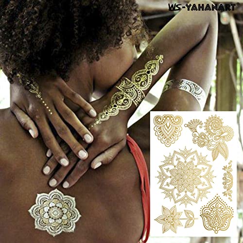 Nirbffo Datura Flower Tattoo Party Body Arm Art Fake Flash Tatoos Gold Metallic Tattoo Sticker Waterproof Temporary Tattoo Sticker Flowers Mandala Rose 6 Sheets - Image 3