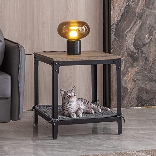 Wohnzimmertisch,Konsolentischmit Gitterablage,Couchtisch mit Haustierbett,rechteckig schmal Holz Industrial Sofa Beistelltisch Coffee Table,Black Metal Frame with Wooden top,Velvet Fabric Cover Cover