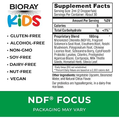 BIORAY Kids NDF Focus, Citrus - 2 fl oz - Supports Cognitive Function, Enhances Clarity & Promotes Steady Energy Levels - Non-GMO, Vegetarian, Gluten Free - 1-2 Month Supply