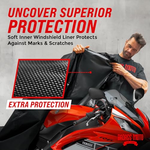 Image of Badass Moto Gear All Wx Motorcycle Cover-Night Reflective-Waterproof-Heat Shields-Windshield Liner-Vents-Alarm /Lock Pocket-Fits Med Cruisers,for 800+Cc Sport Bikes Medium,Multicolor | Motorcycle cover waterproof outdoor; fits Harley Sportster, Honda Rebel, Hayabusa, Burgman maxi scooter & standard bikes