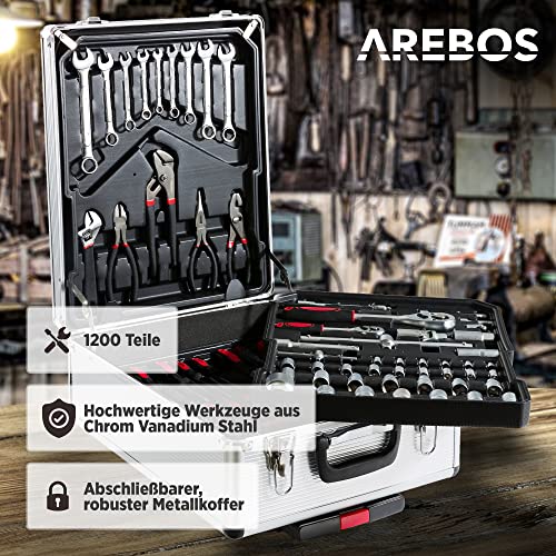 Werkzeugkoffer Arebos mit 1200 Teilen und Rollkoffer-Funktion