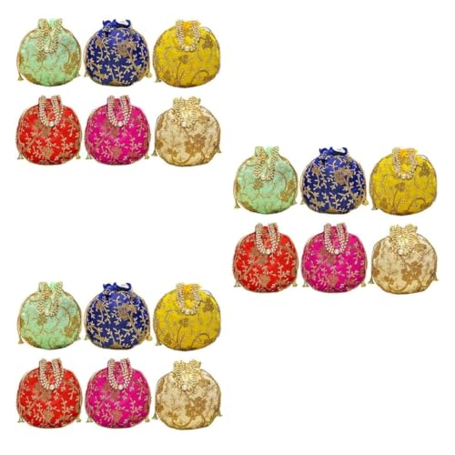Image of AT Traders Embroidered Potli Bag Pack of 18 | Leaf Floral Design With Moti Handle Batwa Bag | Traditional Shagun Potli for Return Gifts | Ideal for Mehandi, Haldi, Baby Shower, Wedding, Sangeet