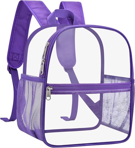 Image of Busiuw Clear Backpack for Stadium Events 12x12x6 Mini Small Sports Fan Backpacks with Front Pocket for Concert Sport Events Work Travel(Purple)