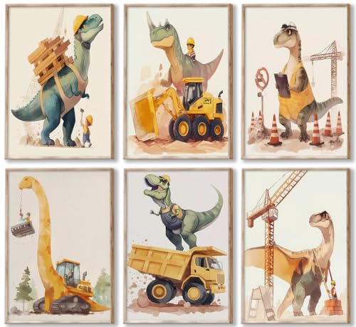 Cute Dinosaur Nursery Canvas Wall Art Construction Trucks and T-Rex Painting Picture Kids Boys Room Wall Decor Funny Dino Vehicles Poster Prints Artwork for Playroom Toddler Room Bedroom Unframed
