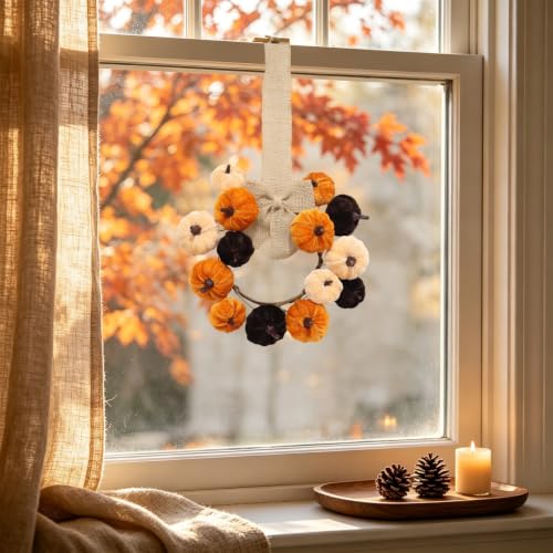 9.8in Cloth Mini Pumpkin Fall Wreath for Front Door, Hanging Decorations - image 6
