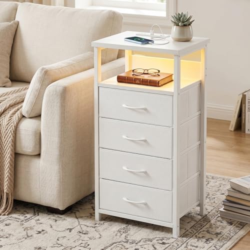 Image of Fixwal Tall Nightstand with Charging Station, Night Stand with U-S-B Ports and Outlets, 4 Fabric Storage Drawers with PU Finish, Small Dresser Bed Side Table, White