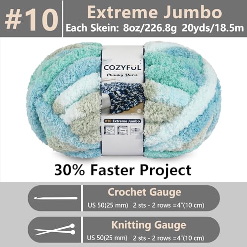 Image of Cozyful Chunky Yarn for Hand Knitting - #10 Chunky Chenille Blanket Yarn, Jumbo Big Thick Chunky Yarns for Crocheting, Tie Dye Bulky Knit Yarns, 8 Skein (20 yds 8 oz Each Skein), Khaki & Teal & Blue