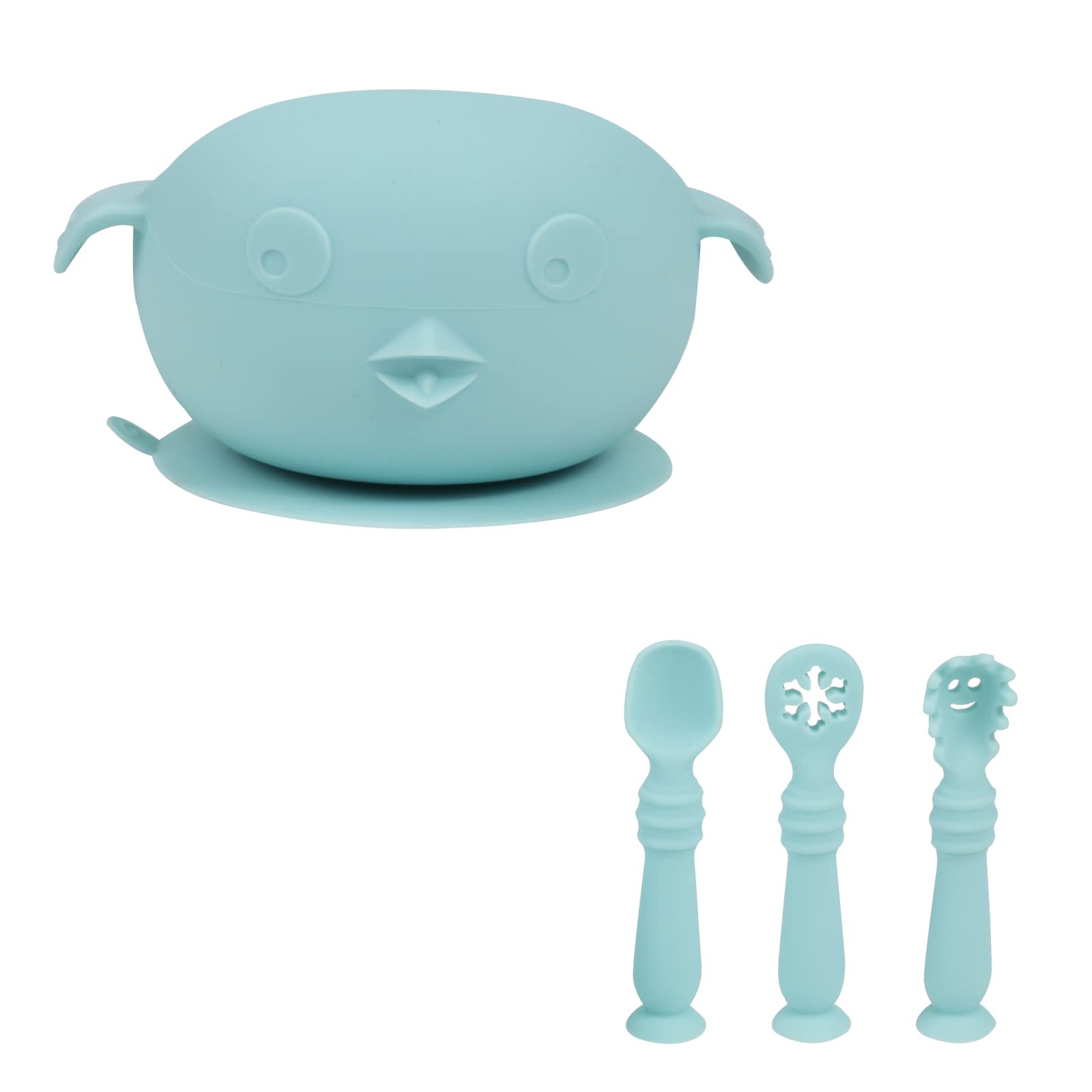 Silicone Suction Bowl with First Stage Self-Feeding Utensils, 100% Food Grade Silicone, BPA Free Baby Led Weaning Feeding Bowl. Strong suction Easy for little ones to use. (Micy Blue)