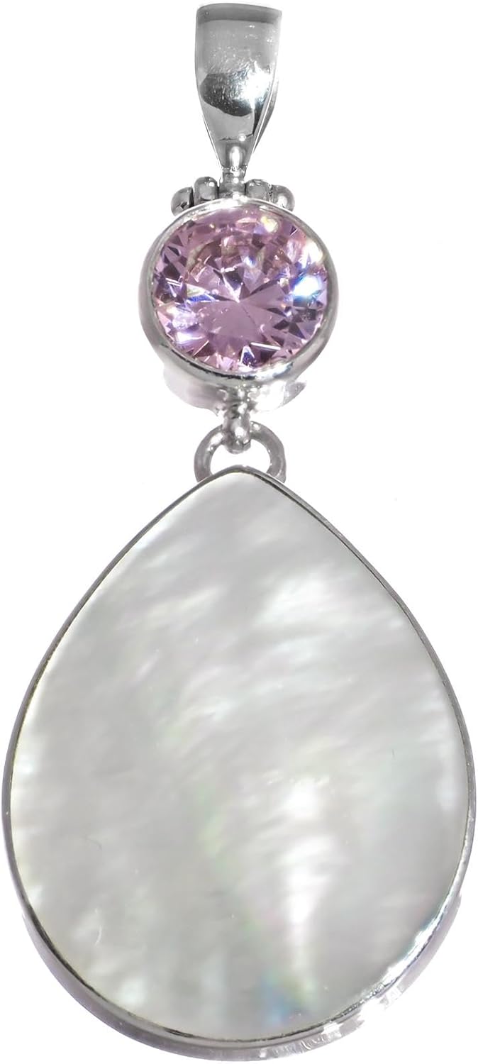 FifiRose Pear White Mother Of Pearl Shell Pink Cubic Zirconia 925 Sterling Silver Pendant, 2 1/4"
