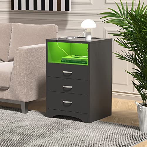 HOSEOKA 3 Drawers Black Nightstand with Wireless Charging Station and LED Lights, Side Table with Open Storage Bedside End Table Night Stand Storage Cabinet for Bedroom, Black