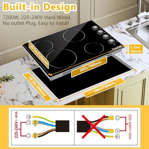 Image of 30 Inch Electric Cooktop, 4 Burner, 7200W Knob Control | Built-in radiant cooktop with ceramic glass, 4 zones and flat-bottom cookware use; 220-240V hardwired