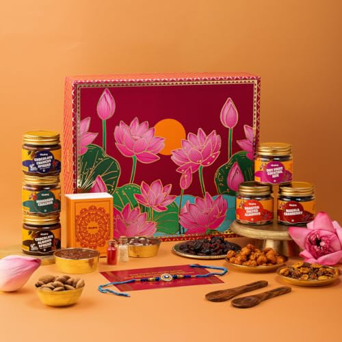 Image of Gladful Premium 10 Items Rakhi Gift Box | Pink Lotus Keepsake Hamper with Premium Nuts, Cranberries, Chocolate Spreads & Rakhi | Luxurious Raksha Bandhan Gift