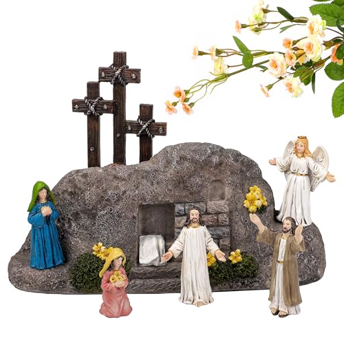 Fovths 7 Pack Easter Resurrection Scene Cross Table Decor Easter Resin Tabletop Ornaments Jesus Statue Centerpieces Decor for Home Kitchen Holiday Decoration
