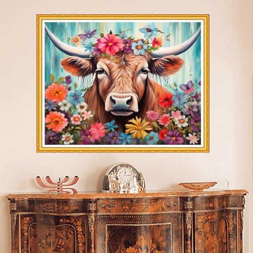 Image of DMCVIVR Stamped Cross Stitch Kits for Beginners Adults Needlepoint Kits for Beginners Embroidery Kits for Adults Crossstitch Kit for Beginners 11CT-Flower Cattle 16x20 inch