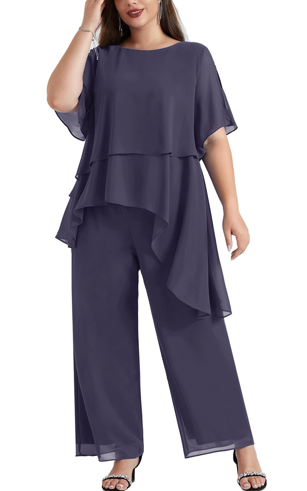 Hanna Nikole 2025 Plus Size Mother of The Bride Pant Suits 2 Piece Chiffon Sets Ruffle Asymmetric Layers Wedding Guest Outfit