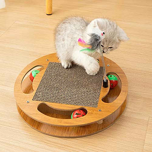 Cat Scratching Board With 4 Cat Bell Balls Toys And Spring Mouse Toy, Cat Scratcher Pad For Indoor Cats, Cat Scratcher Cardboard, Durable, Cat Self Groomer, Stable And Non-Slip, Eco-Friendly Wood #TOP1