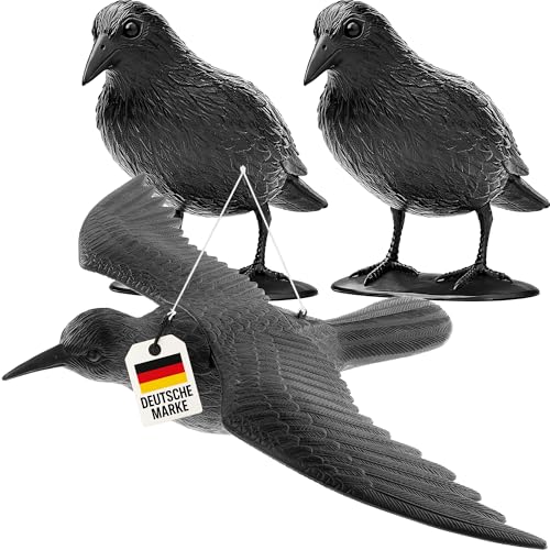 3X WELLGRO Vogelschreck Krähe Raben Attrappe zur Vogelabwehr & Taubenabwehr 1x fliegend und 2X sitzend schwarz Kunststoff für Balkon & Garten